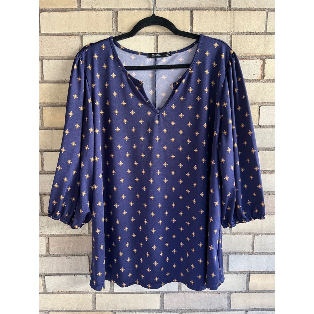 CURE. Purple Geometric Print Split Neck Balloon Sleeve Blouse Size 2XL XXL
